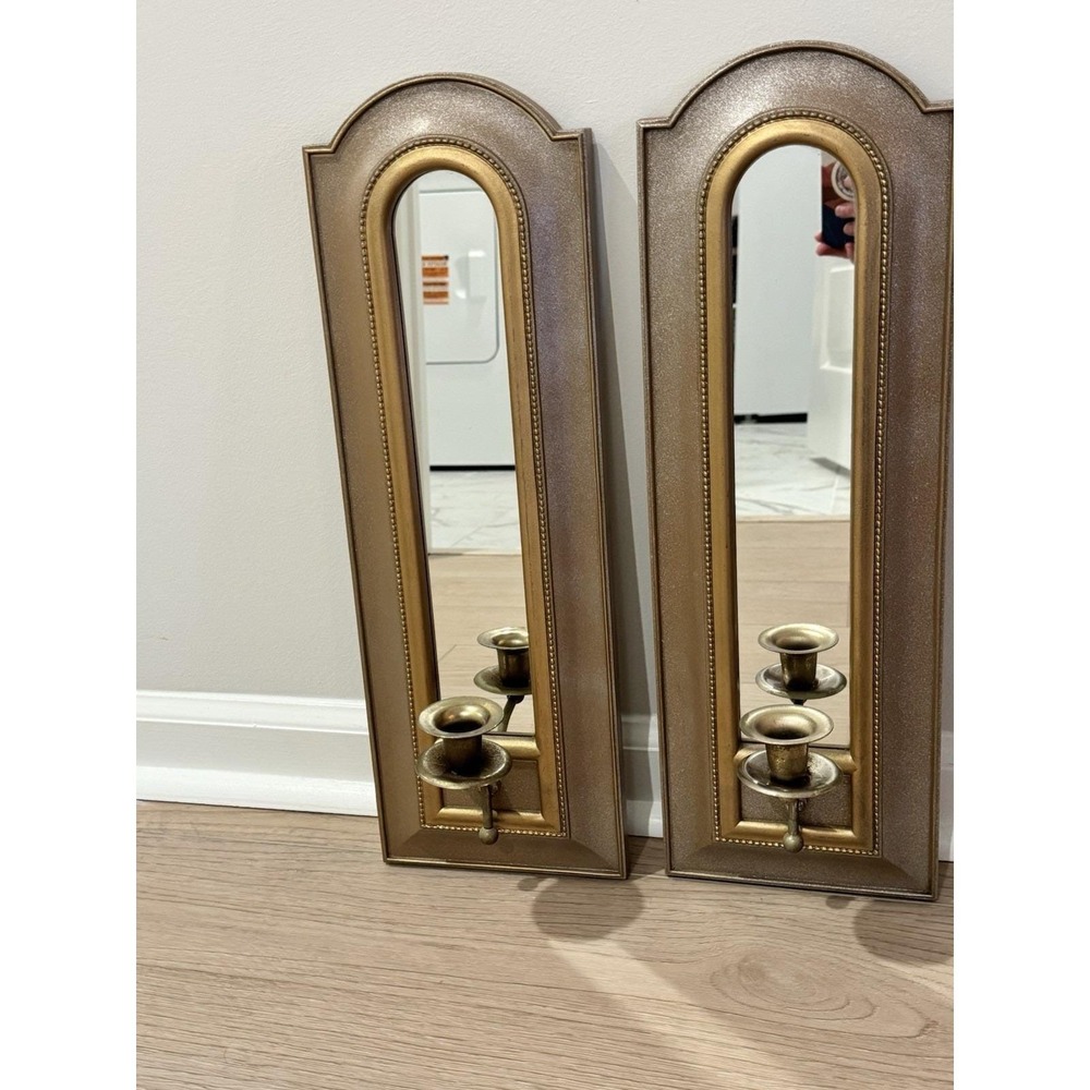 VTG Pair MCM Home Interior Wall Sconces Plastic Hollywood Regency Mirror 20x7"